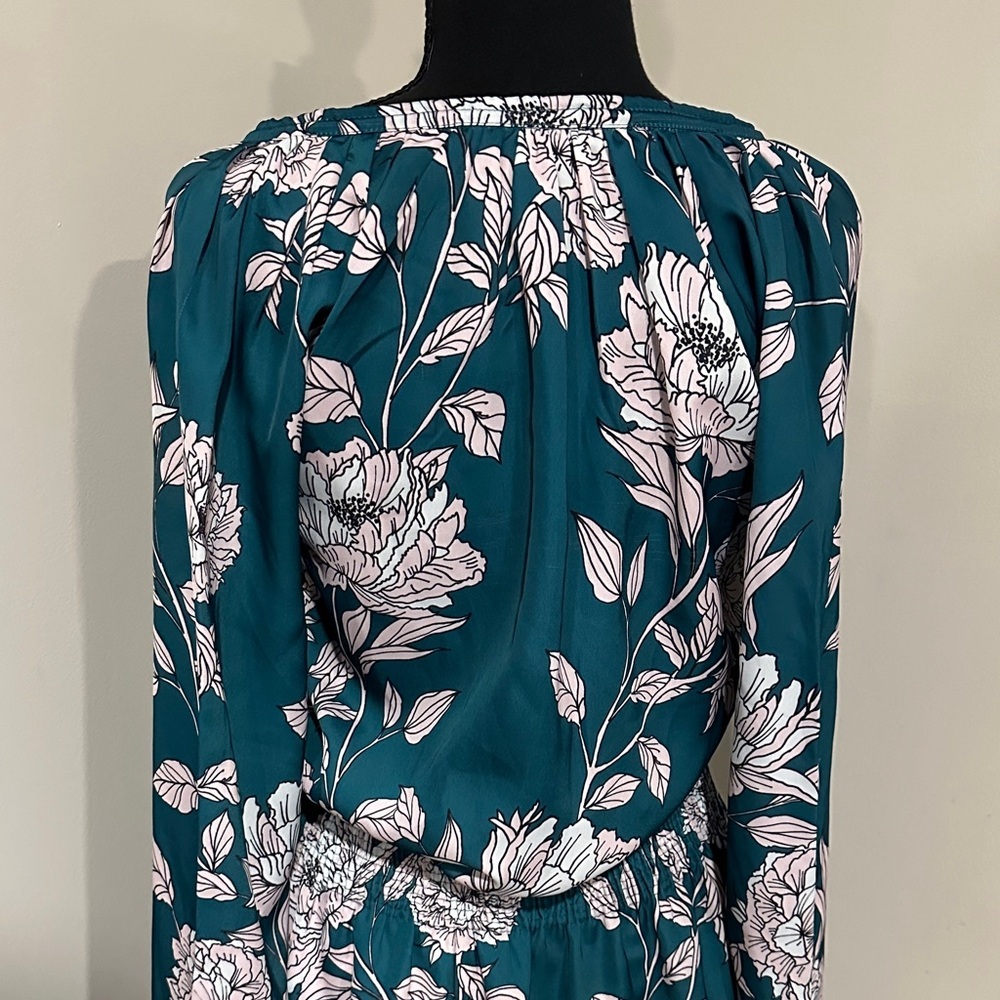 *BOSTON PROPER* Teal Floral Tie-Neck Long Sleeve Dress Size XS - Picture 5 of 6